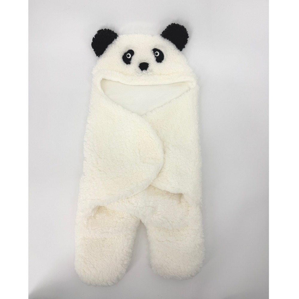 Unbranded Panda Bear Sherpa Fleece Baby Swaddle Hooded Blanket White Black